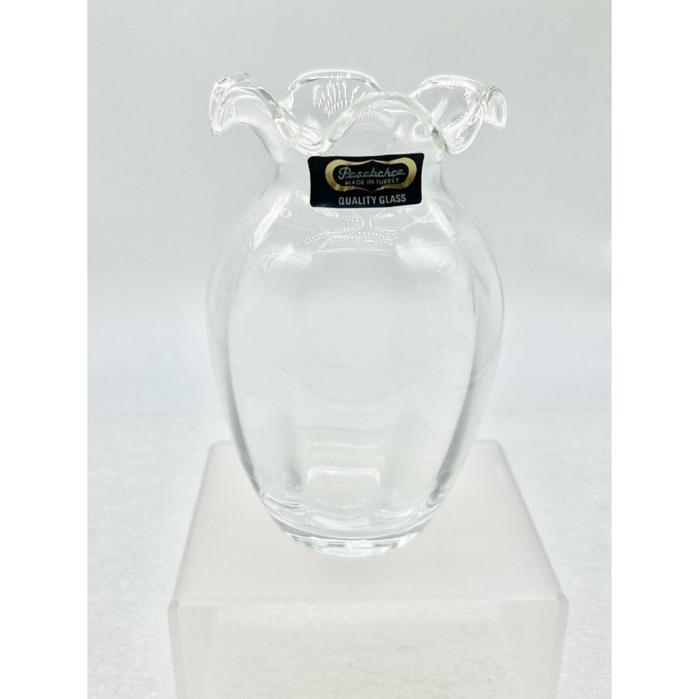 Vintage Pasabahce Turkey Clear Cinched Glass Vase With Sticker 5”